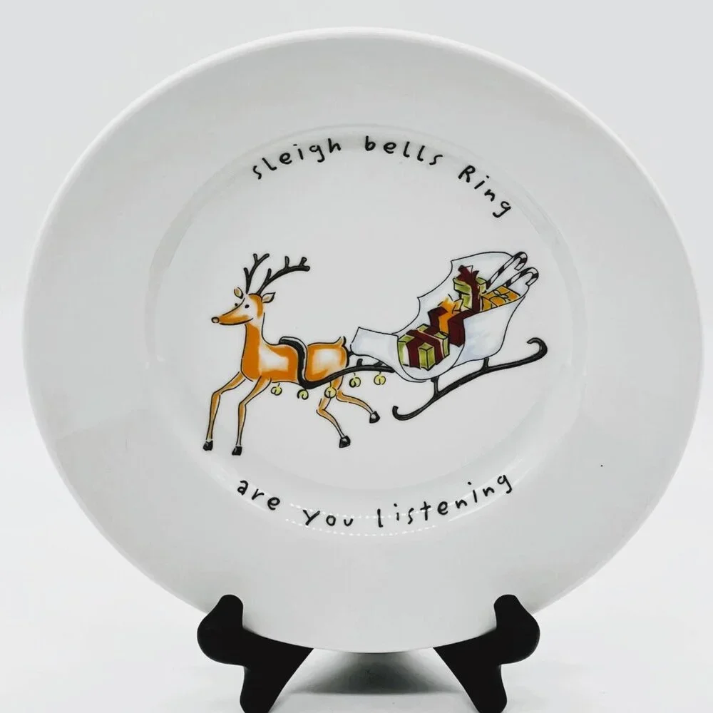 POTTERY BARN Holiday Cheer Sleigh Bells Ring Are You Listening Plate 8 inches